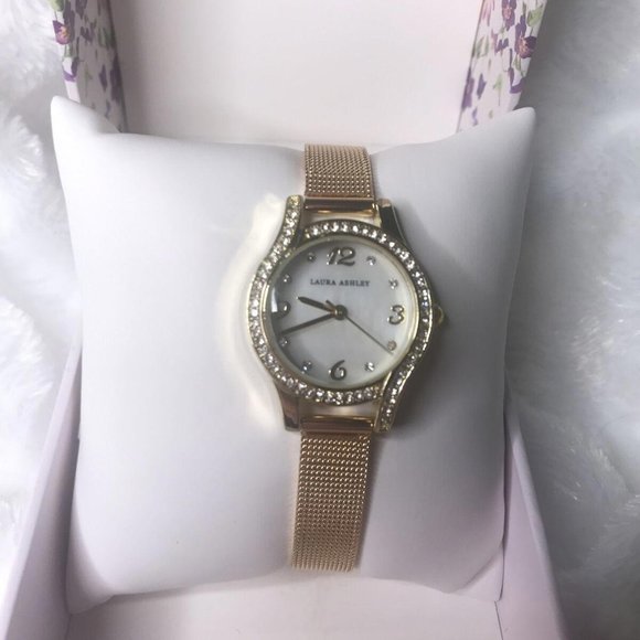 NWT Laura Ashley Mini Gold & Crystal Mesh Bracelet Watch - Picture 2 of 5